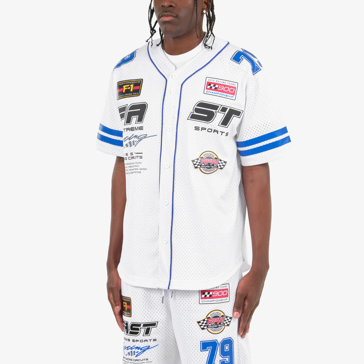 Racing Shirts on Mesh Baseball Jersey Body (WHITE)