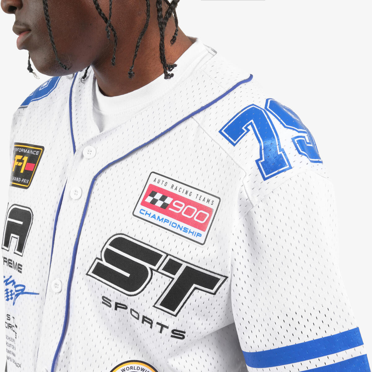 Racing Shirts on Mesh Baseball Jersey Body (WHITE)