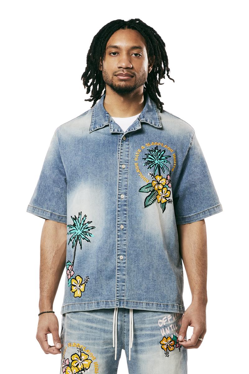 TROPICAL DOODLE DENIM SHIRT